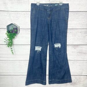 ROXY SAN-O Relaxed Fit Low Rise Distressed Flare Wide Leg Jeans Size 11